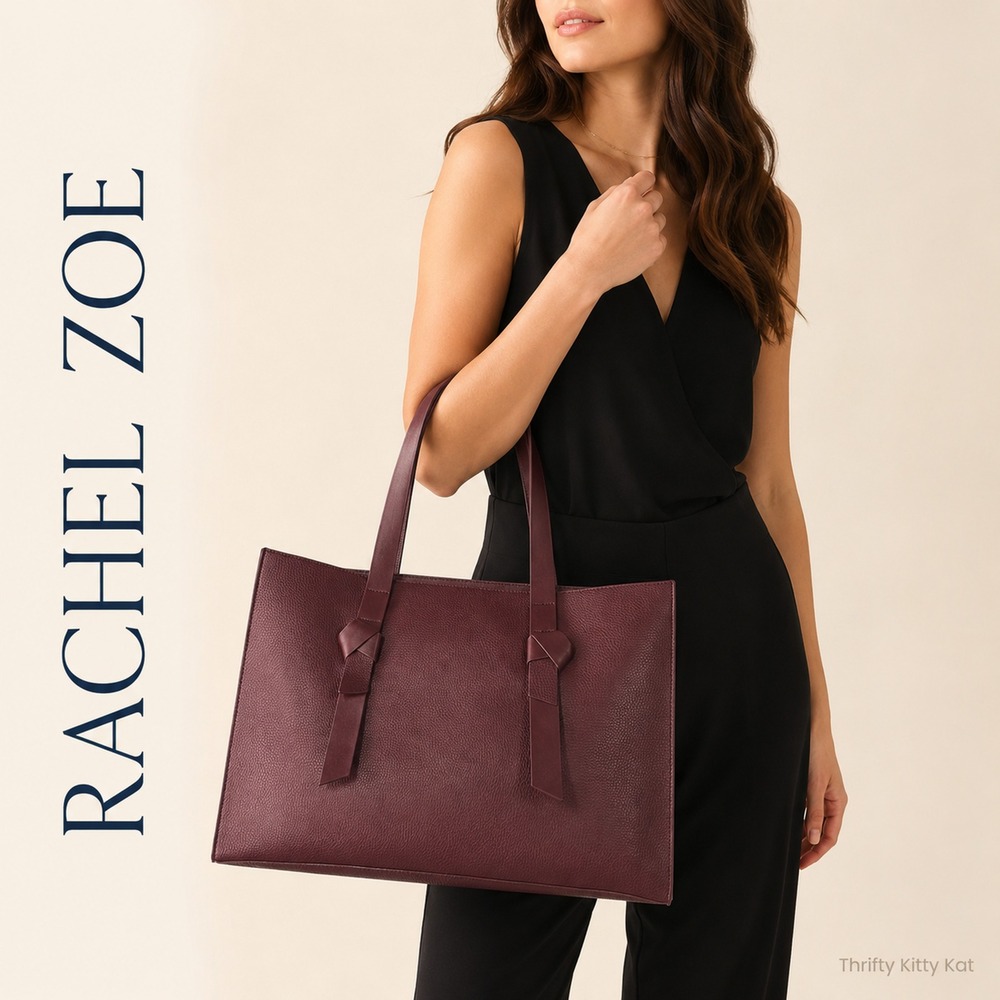 Rachel Zoe Arialith Knot Tote Work Bag Burgundy Vegan Leather Zip Pouch NWT